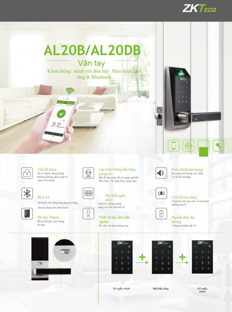 Khóa cửa thông minh ZKTECO AL20DB sử dụng vân tay / mật khẩu / chìa khóa / Bluetooth