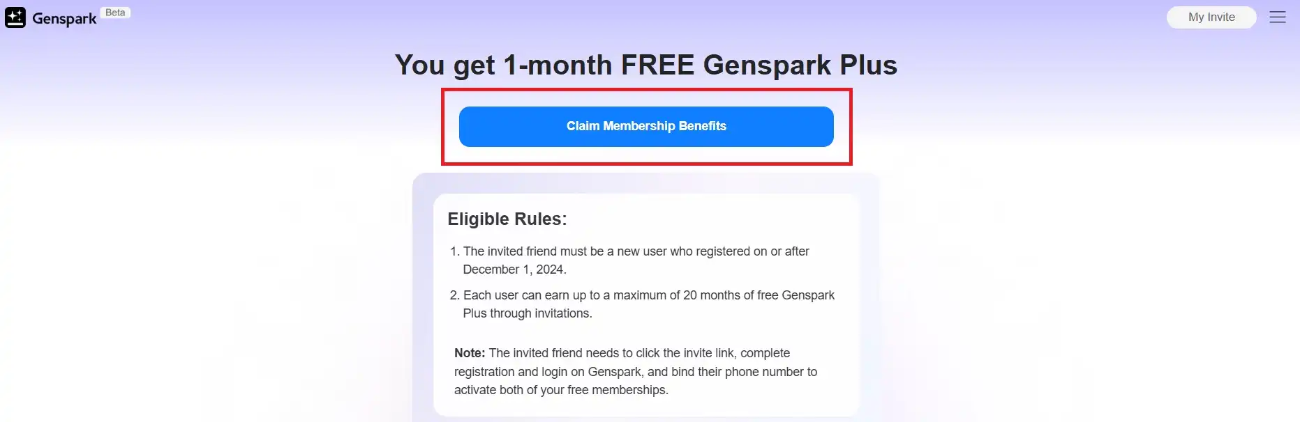 Chọn nút Claim Membership Benefits để nhận 1 tháng Genspark Plus miễn phí