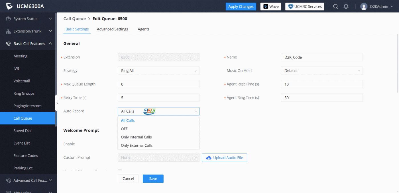Kích hoạt ghi âm Queues