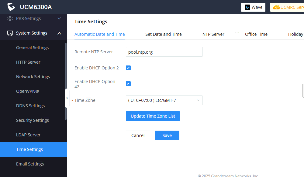 Giao diện cài đặt ngày giờ tổng đài IP Grandstream